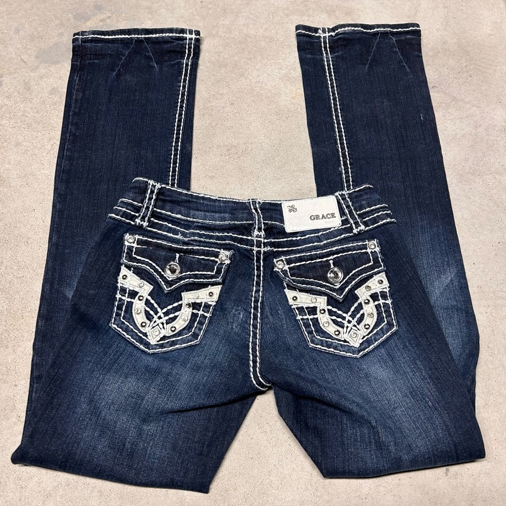 Grace in LA Women's Dark Wash Embellished Western Boot Cut Jeans Size 27